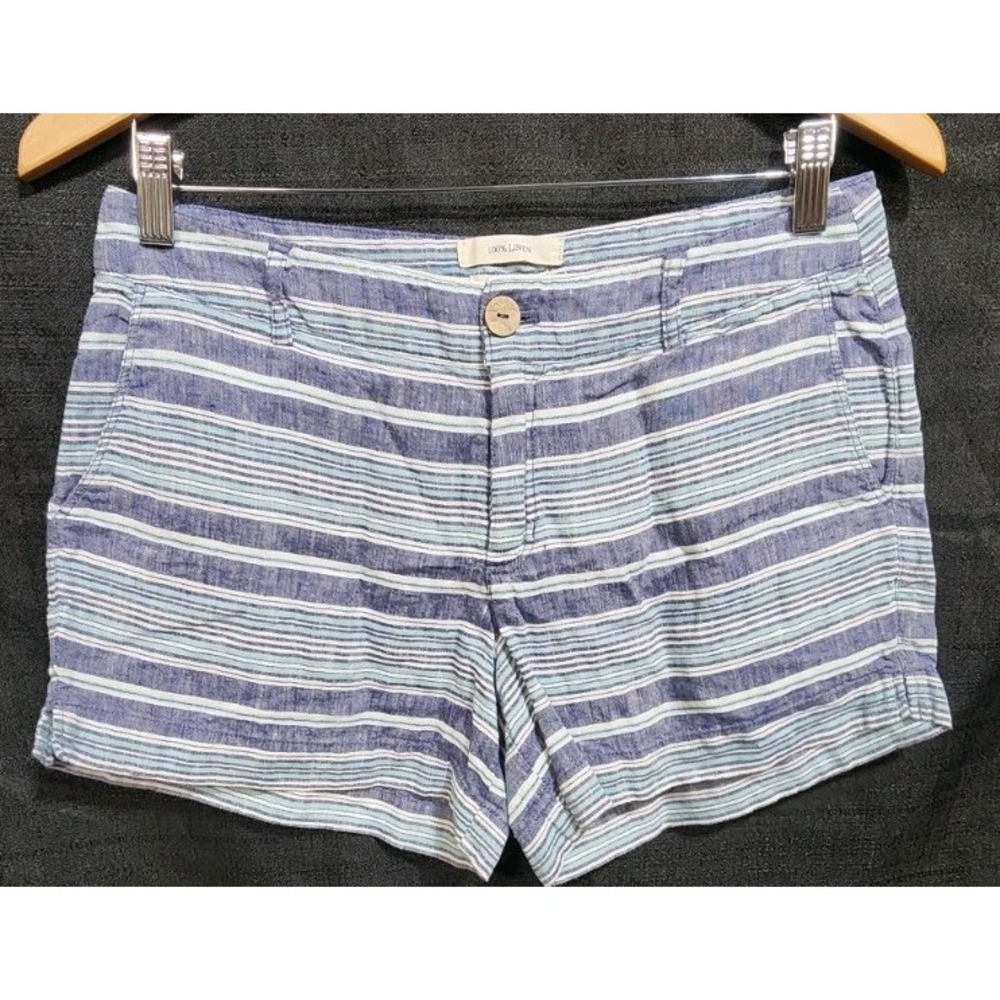 BRITISH KHAKI 100% Linen Coastal Casual Blue Stripe Walking Shorts Sz 4 Beach